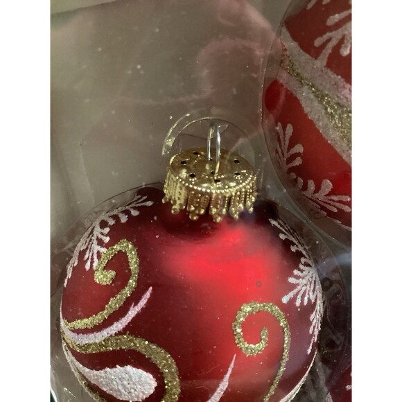 Krebs Glass Christmas Ornaments Red Velvet Balls Gold / White Scrolls Snowflakes - Picture 5 of 9